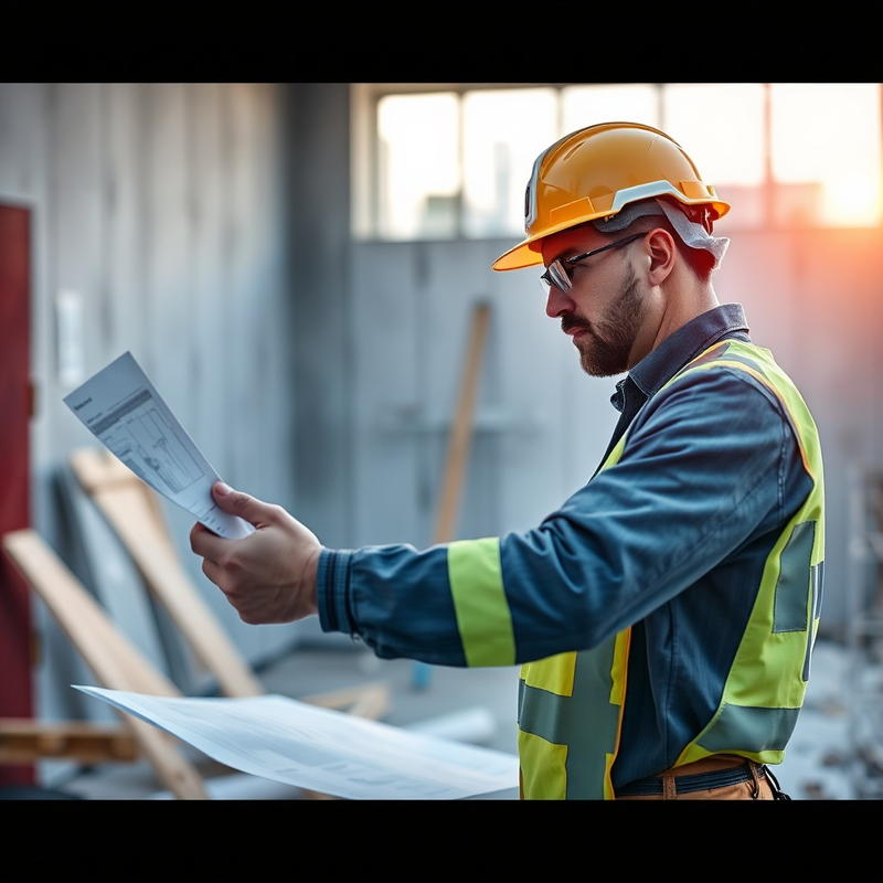 Un artisan examine des plans sur un chantier de rénovation.