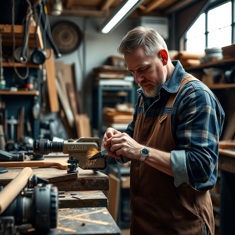 Artisan utilisant des outils modernes dans un atelier traditionnel.