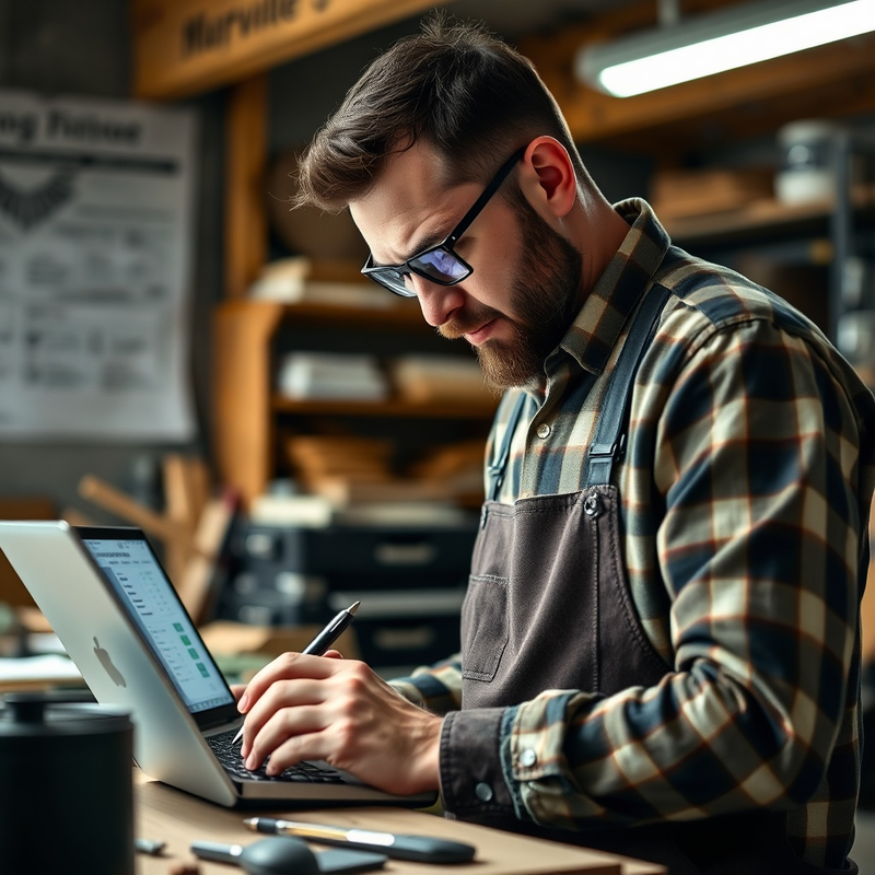 Un artisan utilisant des outils numériques pour gérer ses projets et factures