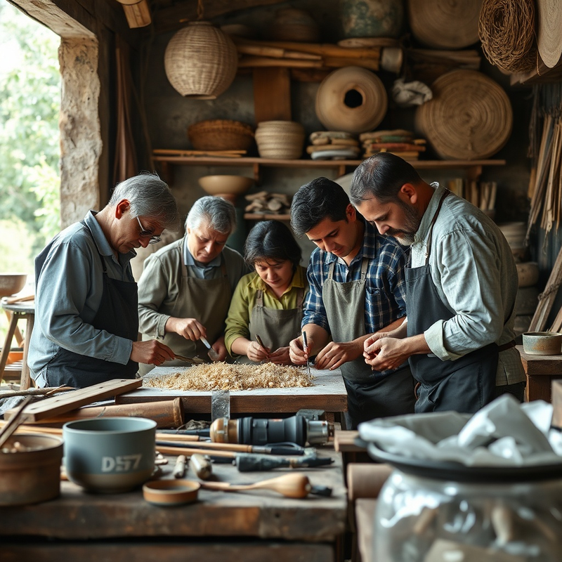 Artisans travaillant ensemble dans un atelier local, symbolisant la collaboration.