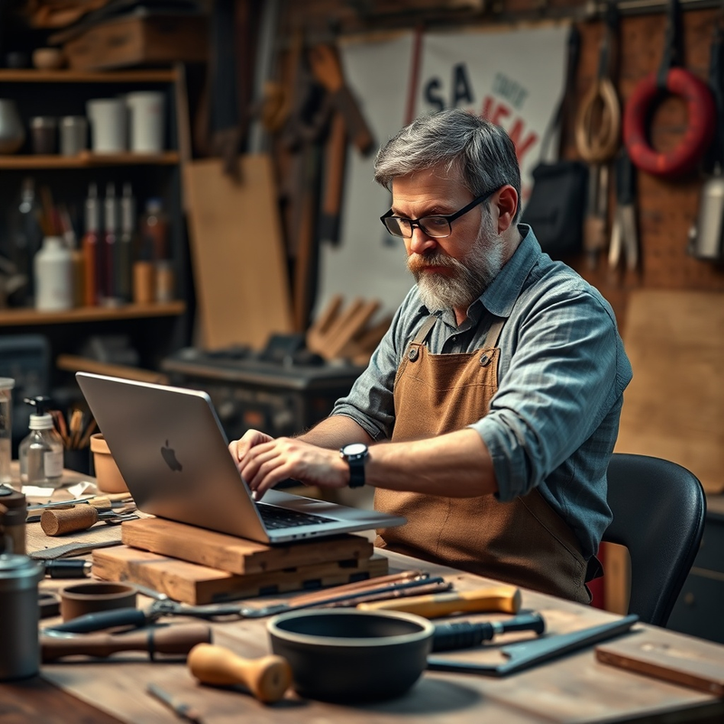 Un artisan utilisant son ordinateur pour gérer sa communication en ligne.