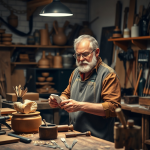 Artisan montrant ses créations sur les réseaux sociaux dans son atelier.