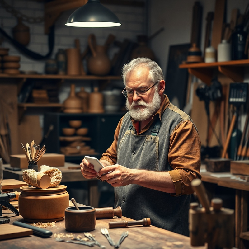 Artisan montrant ses créations sur les réseaux sociaux dans son atelier.