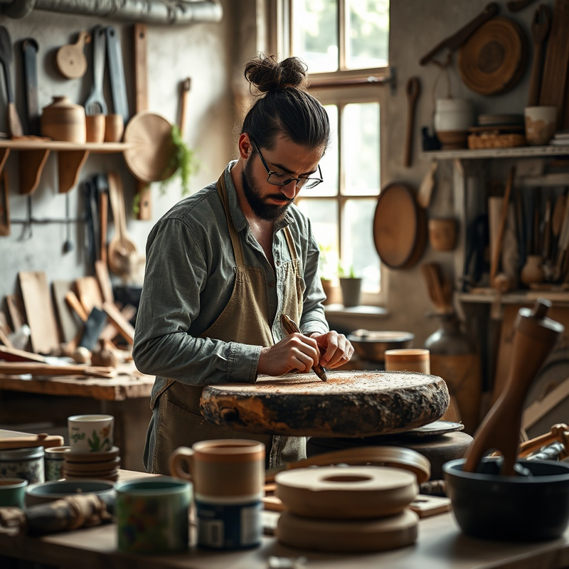 Un atelier d'artisan avec des matériaux écologiques et des outils modernes.