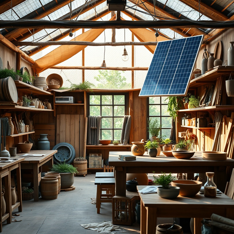 Un atelier artisanal avec des matériaux écologiques et des panneaux solaires.