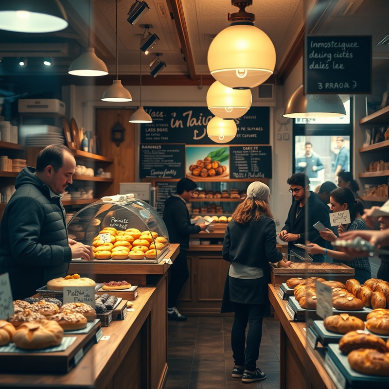 Une boulangerie artisanale avec des pâtisseries innovantes et des clients souriants