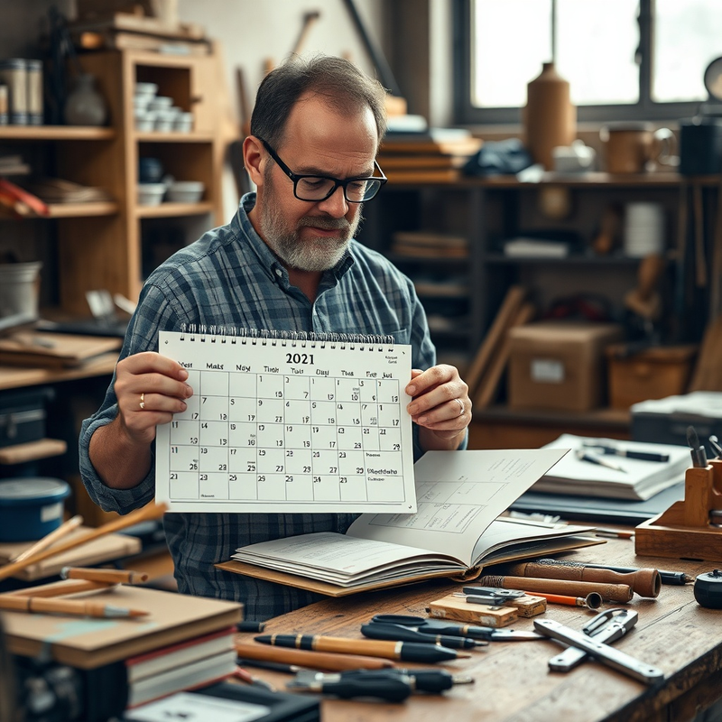 Un artisan planifiant son emploi du temps dans son atelier.
