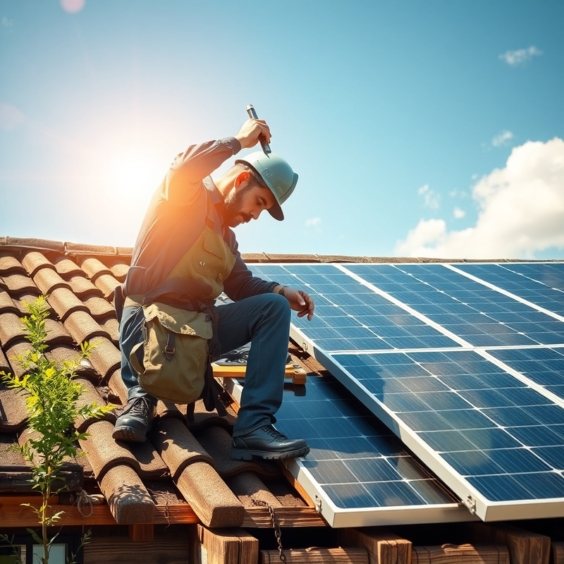 Un artisan installe des panneaux solaires sur son atelier, illustrant des pratiques durables