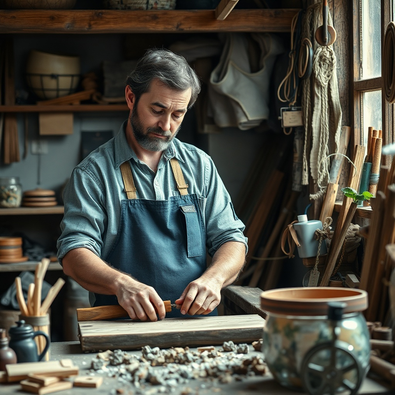 Un artisan utilisant des matériaux recyclés dans son atelier.
