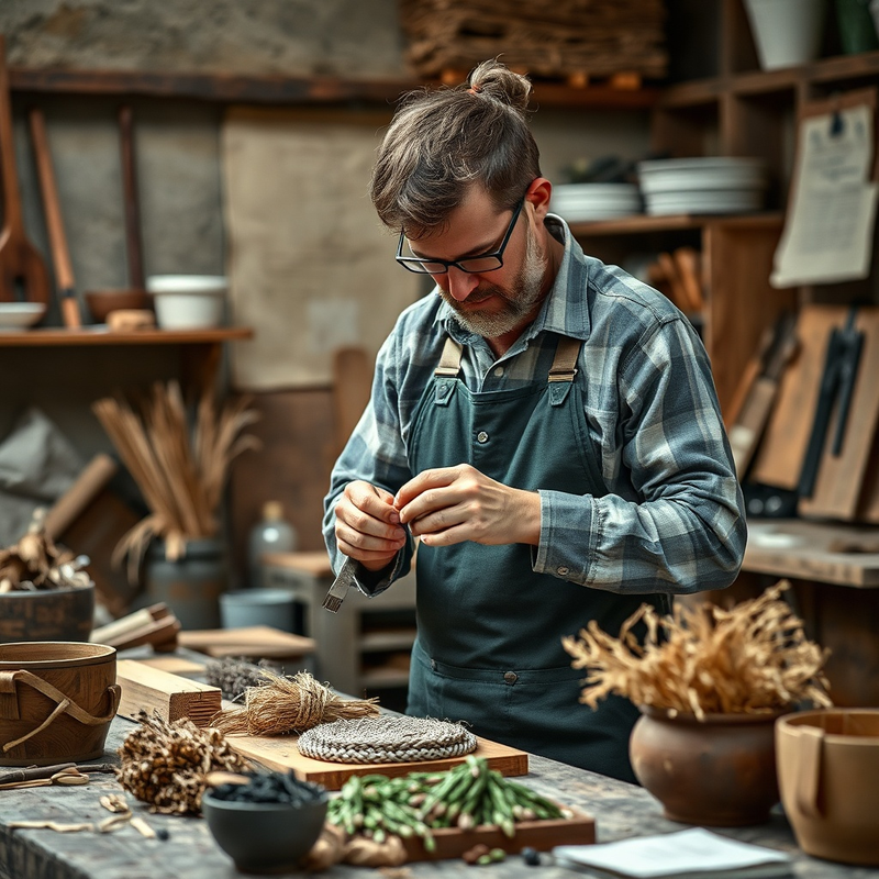 Un artisan utilisant des matériaux durables dans son atelier.