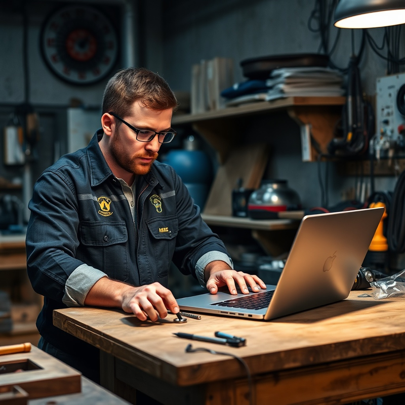Un artisan électricien utilisant un CRM dans son atelier moderne.