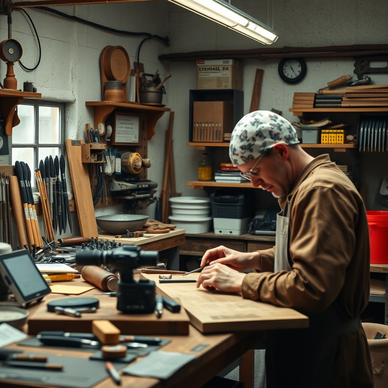 Un atelier d'artisan modernisé avec des outils numériques intégrés.