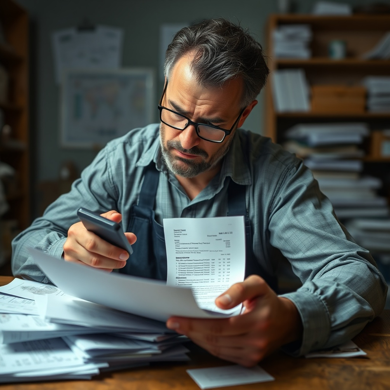 Un artisan préoccupé par ses finances, entouré de factures.