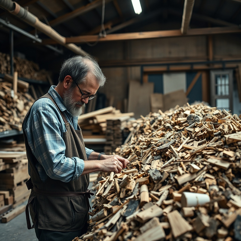 Artisan triant des déchets de bois dans son atelier.